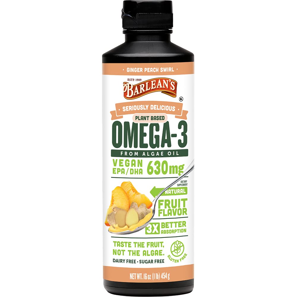 Barlean's Ginger Peach Vegan Omega 3 Supplement, Liquid Algae Oil with 630 mg EPA & DHA, Plant Based Omegas from Algal Oil, Non-GMO & Gluten Free, 16 oz