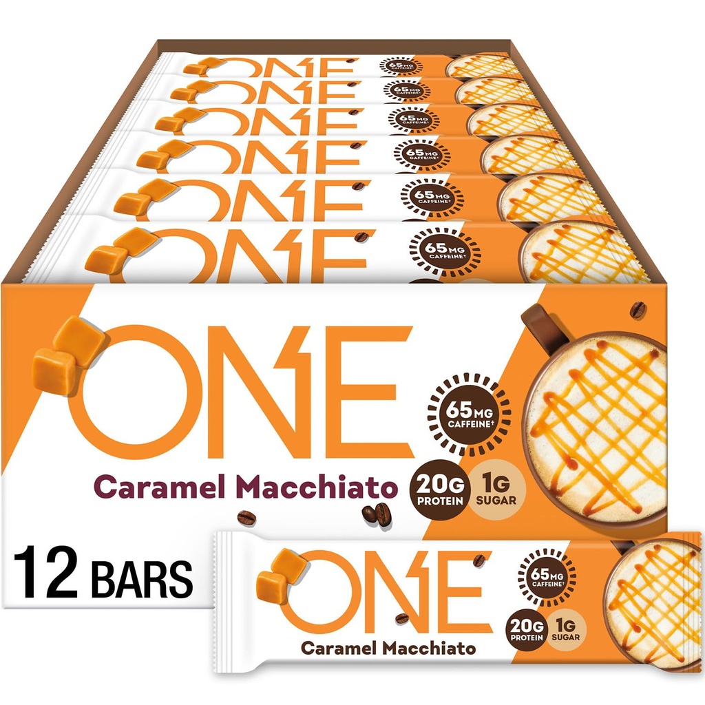 ONE Coffee Shop Koffeinierte Proteinriegel, Caramel Macchiato, Glutenfrei mit 20g Protein und 65mg Caffeine Energy, Pantry Staples, 2.12 oz (12 Count), Packaging May Vary