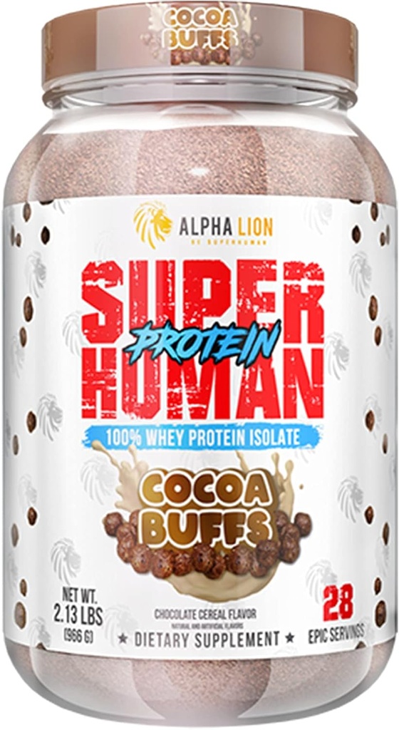ALPHA LION Superhuman Whey Protein Powder, Great Tasting Pure Whey Protein Isolate, Low Carb, Low Sugar, No Bloat Post Workout, Muscle Recovery & Growth (28 Servings, Cocoa Buffs)