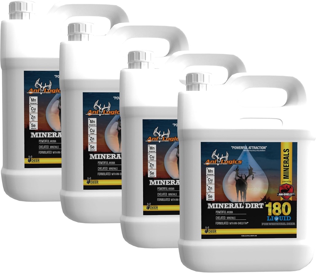 Ani-Logics Mineral Dirt 180 Liquid Deer Mineral - Pour-On Attractant für Blöcke, Logs, & Stumps - Mineral Licks & Support Herd Health erstellen - 1 Gallon, 4 Pack