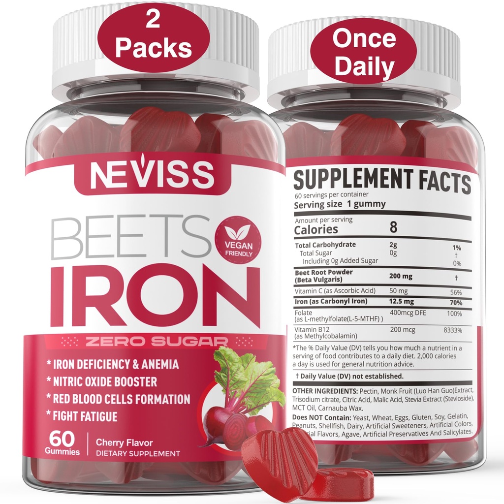 Beet Root Gummis mit Eisen, Methyl B12, Folat, Vitamin C - Erhöhen Sie Nitric Oxide & Iron Levels, Energieunterstützung, Kampf Fatigue, Beetroot & Gentle Iron Supplement, Sugar Free, 120 Count