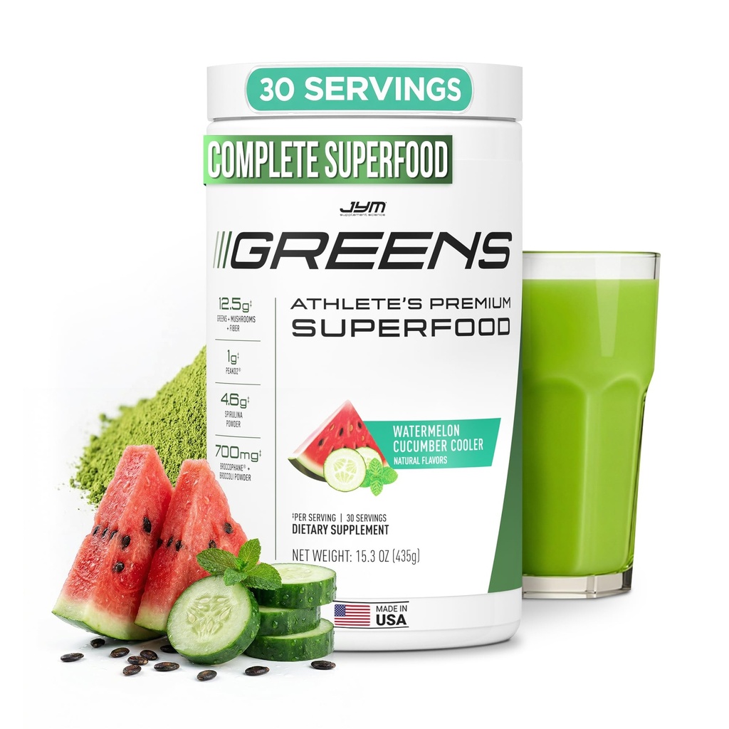 JYM Greens Super poudre alimentaire pour la performance, pastèque concombre, spiruline, champignons, vitamines, broccoPhane et brocoli, hommes et femmes, 30 portions