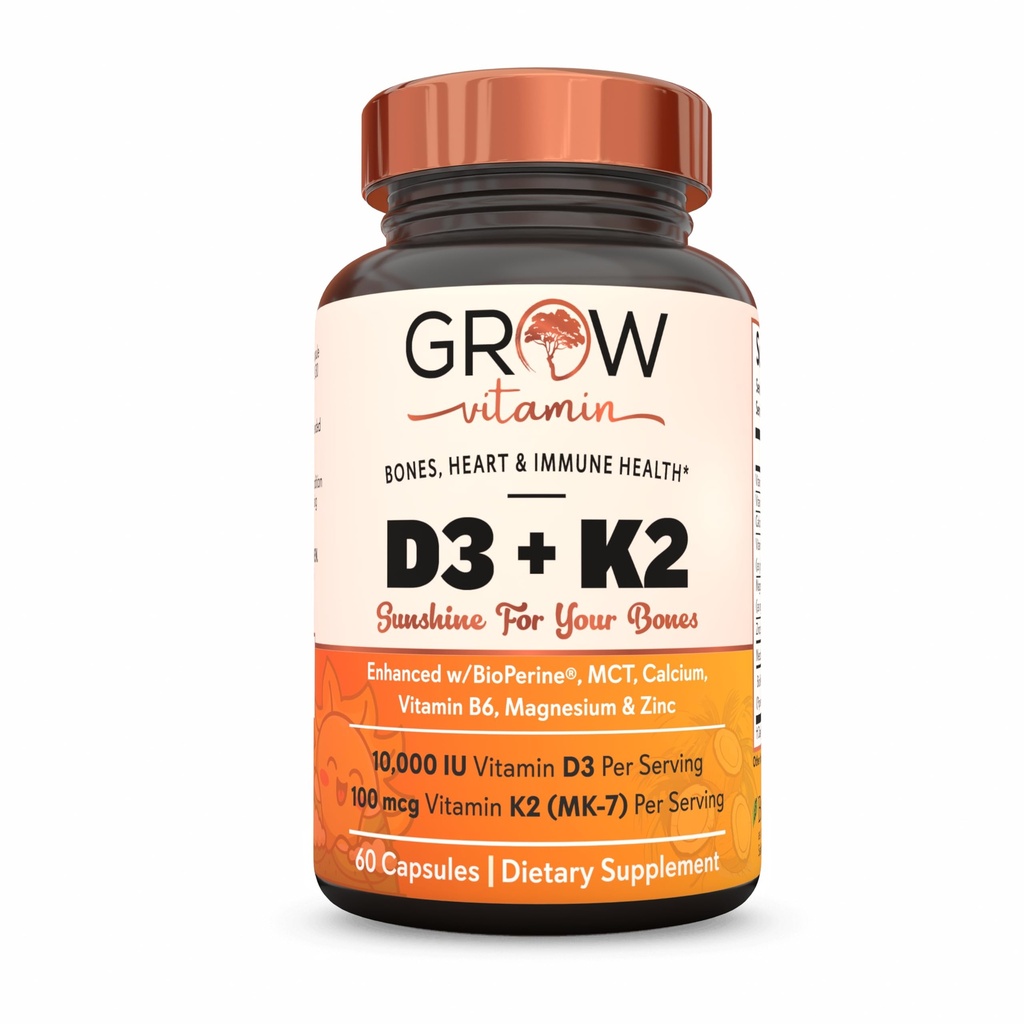 Vitamin D3 K2 w/MCT wachsen Öl - 10.000 IU D3, 100 mcg K2 MK7, Kalzium, Zink, BioPerine, Magnesium für höhere Absorption - 60 Kapseln