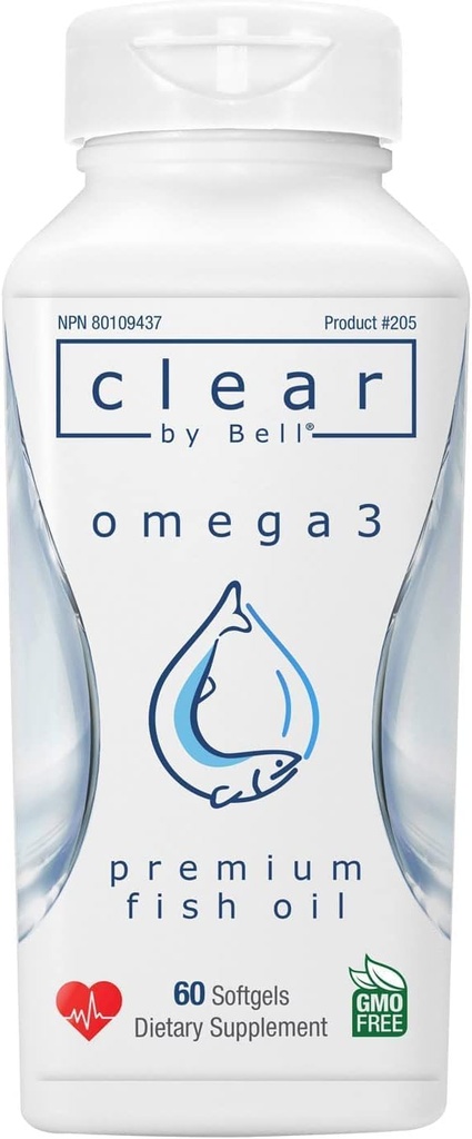 Bell Clear Pure Omega 3 Fischöl-Ergänzungen, 2000 mg pro Servieren - Burp Free Premium, Clean and Clear, No Fishy Taste und No Repeats (Bürger), Cholesterol Free, GMO und Allergen Free, 60 Softgels