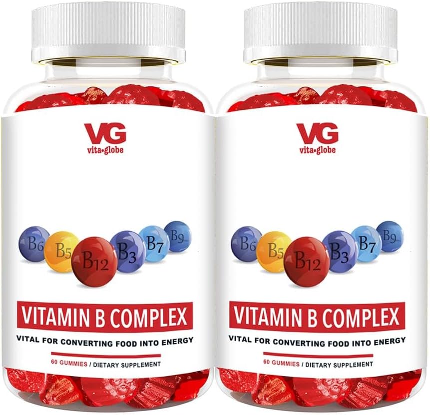 VITA GLOBE B Complex Gummy Vitamine - Erdbeeren Geschmack mit Vitamin C, Niacin, B6, B12 & Biotin für Energie, Herz-Gesundheit und Gehirn-Unterstützung, 120 Count (Pack von 2)
