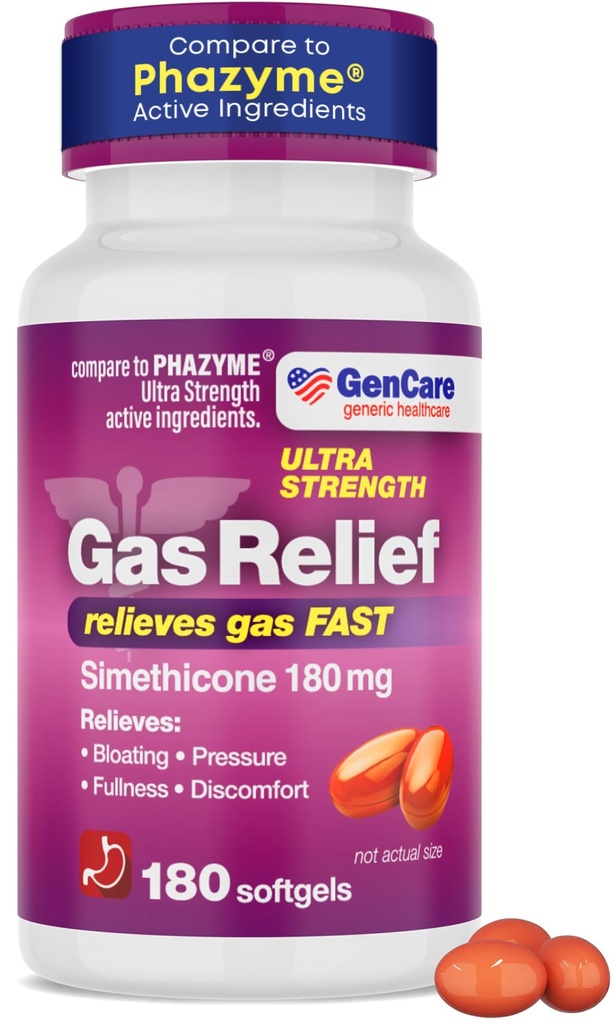 GenCare - Ultra Strength Simethicone Gas Relief 180 mg (180 Softgels) | Anti Flatulence, Bloating Aid, Stomach Discomfort und Gasdruck-Reliever Pillen | Relieves Gas Fast | Generic Phazym