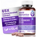 Bold Botanica Elderberry Plus - 65x Extrait de mûrier noir concentré avec du zinc et de la vitamine C pour le soutien immunitaire quotidien et le bien-être saisonnier - Non-OGM, 30 capsules végétaliennes
