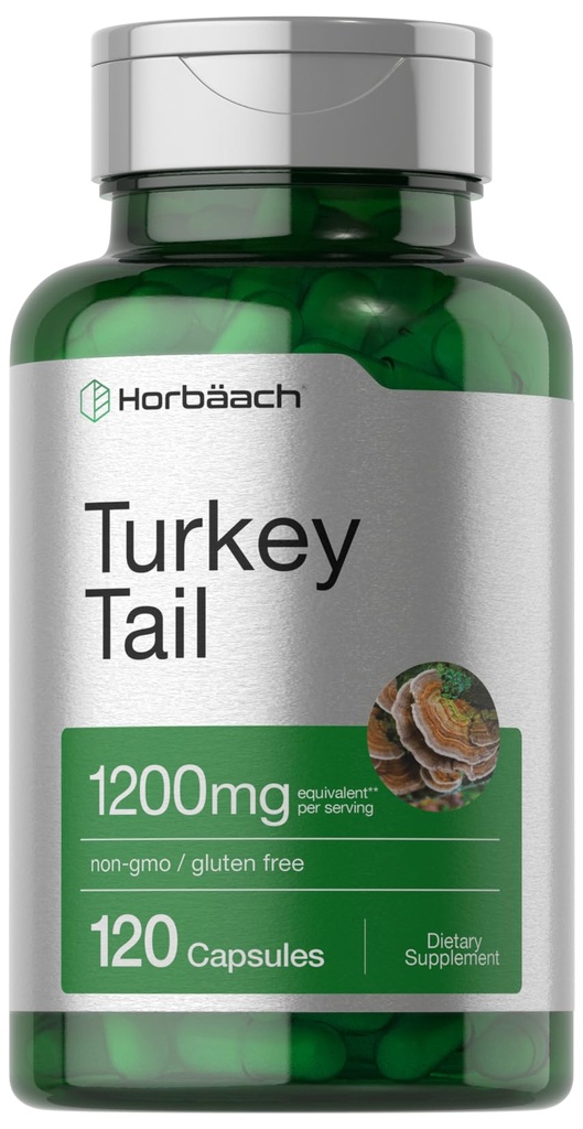 Horbäach Turkey Tail Mushroom Capsules $ 1200mg $ 120 Count $ Non-OGM et extrait sans gluten
