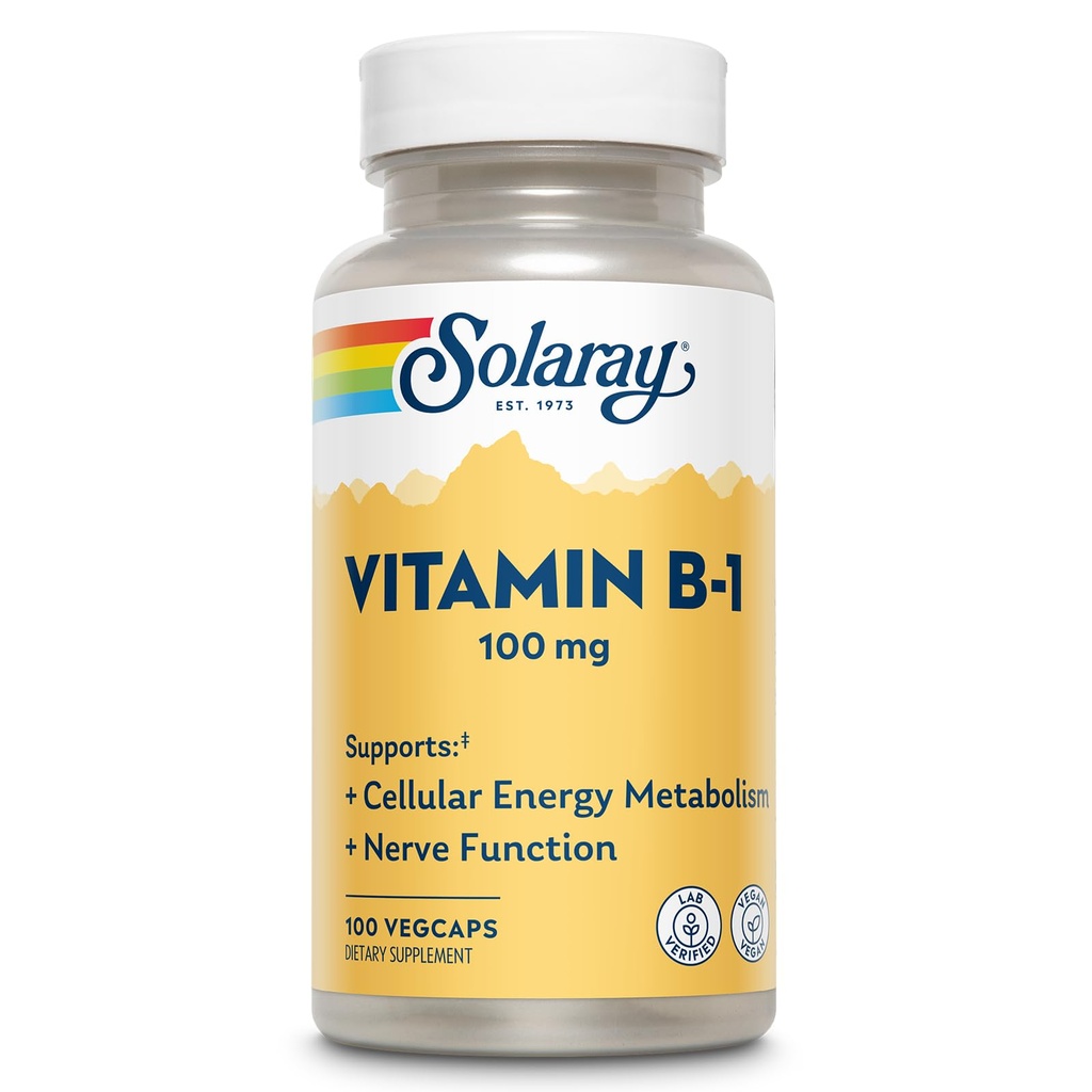 SOLARAY Vitamin B-1 100 mg | Gesunde Energie Metabolismus, Haut, Gehirn, Herz & Nervous System Unterstützung | 100 VegCaps