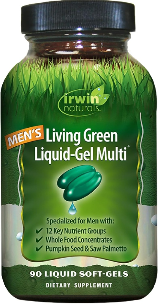 Irwin Naturals Men's Living Green Liquid-Gel Multi - 90 Liquid Softgels - 70 Essential Nutrients, Full-Spectrum Vitamins, Wholefood Blend - Targeted Adrenal & Brain Support - 30 Total Servings