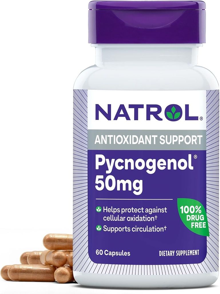 Natrol Pycnogenol Kapseln, Antioxidantienschutz, Beilage schützt vor zellulärer Oxidation und altersbedingter Schädigung, Europäischer Seezungenrinde Extrakt, Unterstützt Zirkulation, 50 mg, 60 Zähler
