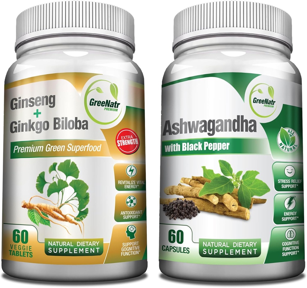 GreeNatr Premium Bundle für ganzheitliches Wohlbefinden: Organic Ashwagandha Capsules, mit schwarzem Pfeffer für Stress Relief, Plus Ginseng + Ginkgo Biloba Tablets, ein traditioneller Energie-Booster.