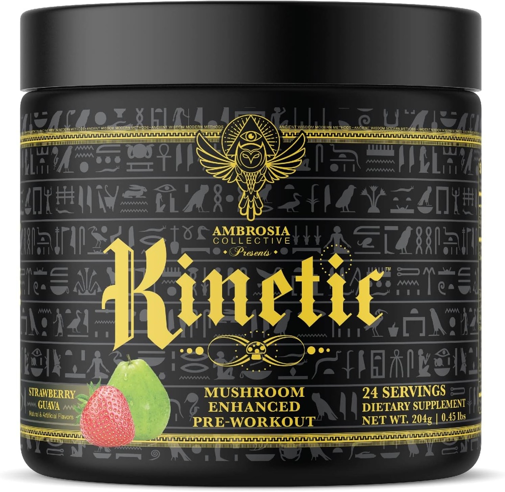 Ambrosia Kinetic Organic Preworkout, Pilz Enhanced Natural Pre Workout Supplement, Nootropic Superfood Pulver für Energie (Strawberry Guava)