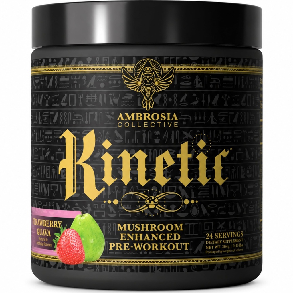 Ambrosia Organic Mushroom Pre Workout Pulver mit Kreatin 3g | Lion's Mane, Cordyceps & Reishi | Clean Pre Workout | Pilz Energie & Fokus | 24 Servierungen | Erdbeer Guava