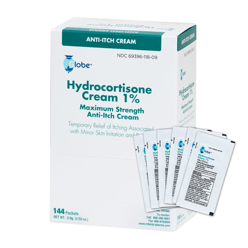 Globe (Boîte 144 Hydrocortisone 1% crème de force maximale, (0,9g simple paquet) crème anti-démangeaison pour rougeur, gonflement, démangeaisons, rash, Bug/Mosquito, Eczéma, Hémorroïdes et plus