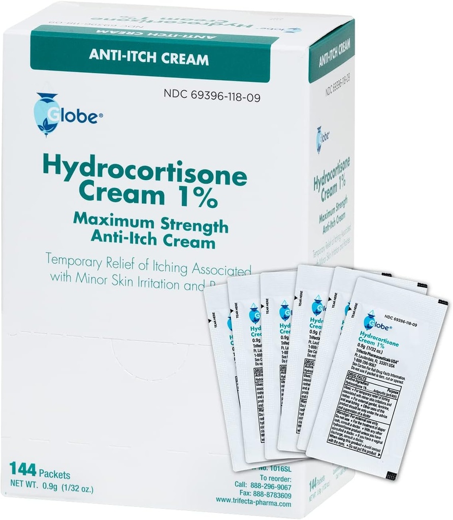 Globe (Box 144 Hydrocortisone 1% Maximum Strength Cream, (0.9g Single Packet) Anti-Itch Cream for Redness, Swelling, Itching, Rash, Bug/Mosquito Bites, Eczema, Hemorrhoids & More