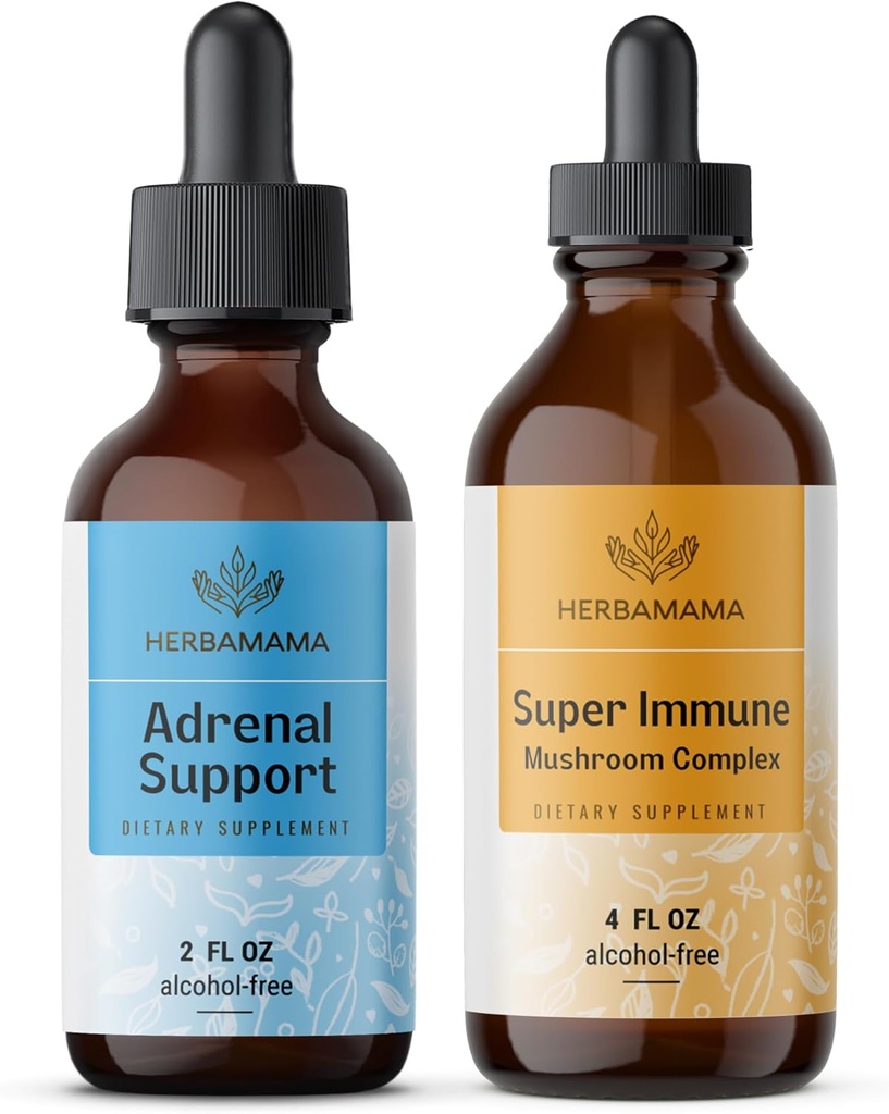 HERBAMAMA Adrenal Support und Super Immune Mushrom Blend Kit - Bundle of Liquid Adrenal Support Complex 2 fl oz & Super Immune Pilz Drops 4 fl oz - Vegan, Non-GMO, Sugar & Alcohol-Free - 2 Pack