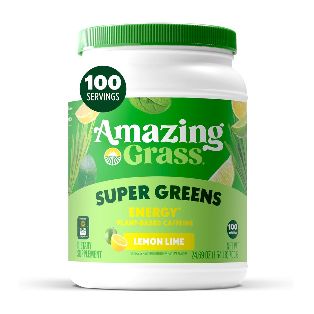Erstaunlich Gras Grün Superfood Energy: Super Greens Powder & Plant Based Koffein mit Grüner Tee, Rübenwurzelpulver & Flax Seed, Zitronenlime, 100 Servierungen (Packaging May Vary)