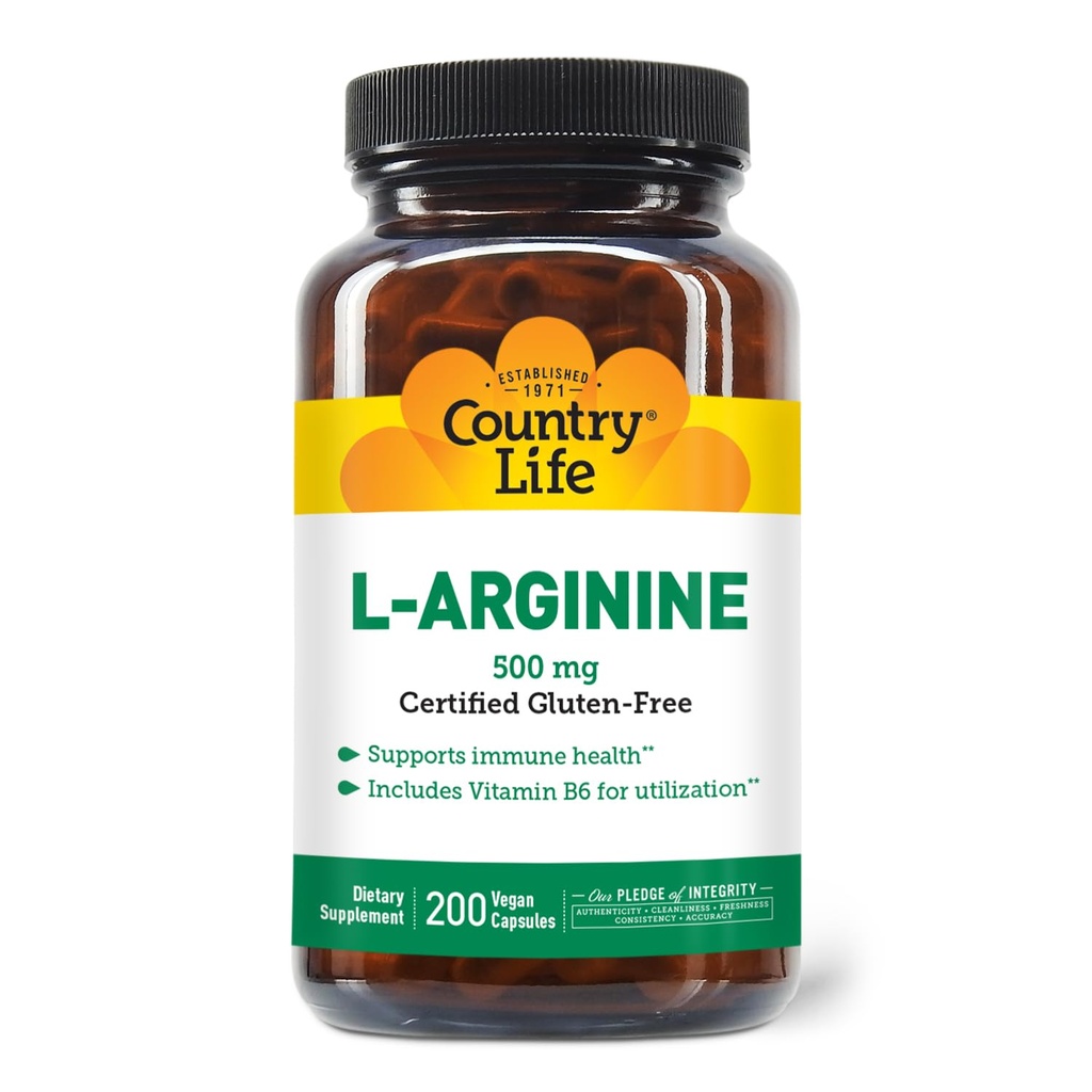 Country Life L-Arginine Caps mit Vitamin B-6, 500mg, 200 Vegan Capsules, Certified Gluten Free, Certified Vegan