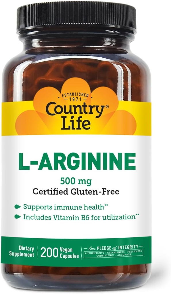 Country Life L-Arginine Caps mit Vitamin B-6, 500mg, 200 Vegan Capsules, Certified Gluten Free, Certified Vegan