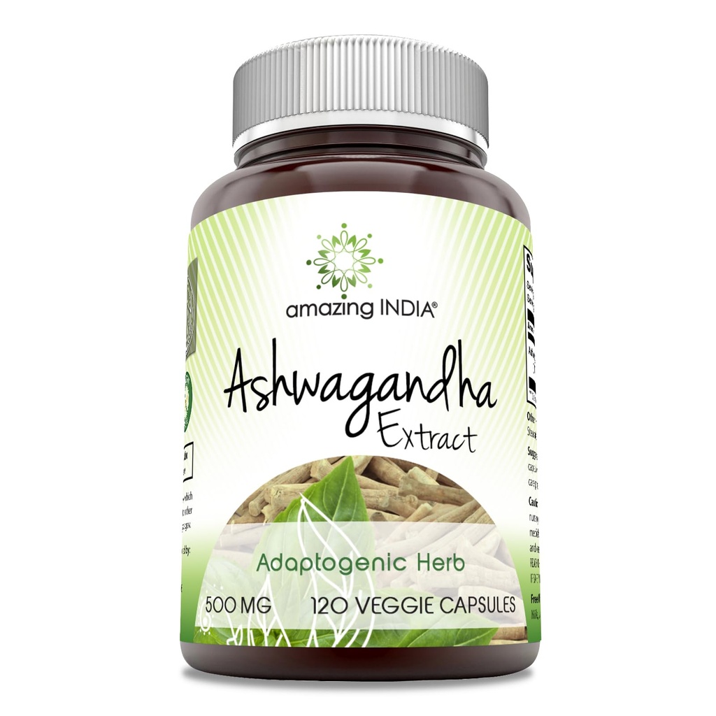Inde incroyable Ashwagandha 500 mg Veggie Capsules Supplément -Fabriqué avec Ashwagandha naturel -Non-GMO - Sans gluten (120 Nombre)