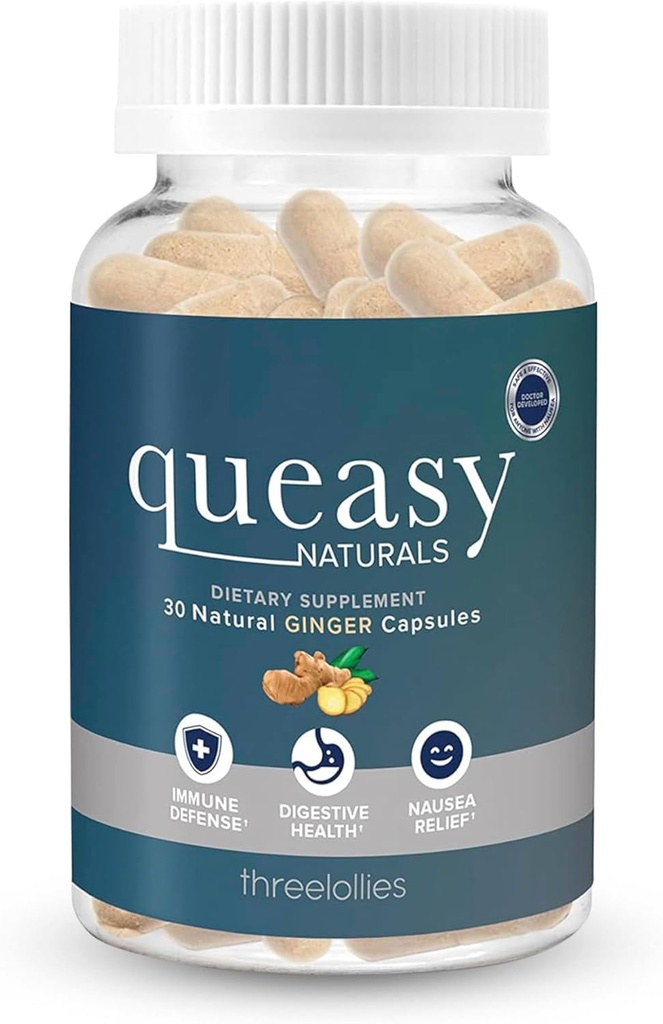 Drei Lollies Queasy Naturals Ginger Capsules - Non-Drowsy Nausea Relief Supplement - Motion Sickness Prevention & Nausea Relief Während der Chemotherapie - 1000mg Ginger Root - 30 Caps