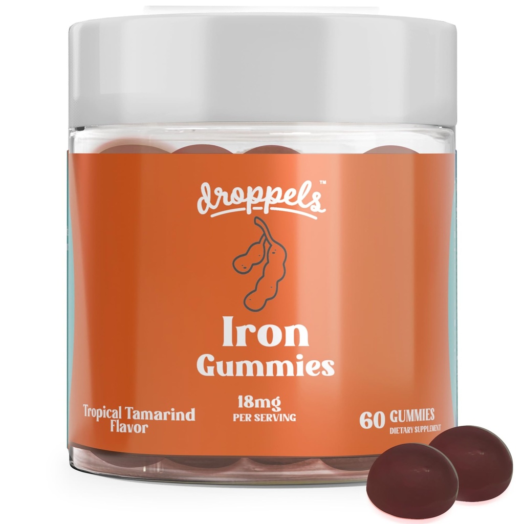 Droppels Iron Gummies 18mg für Frauen und Männer – Vegan Pflanzenbasierte Eisenergänzung | Unterstützt Energie & Blut Gesundheit | Pectin-Based, Non-GMO, Gluten & Gelatin Free | Tamarind Flavor, 60 Count