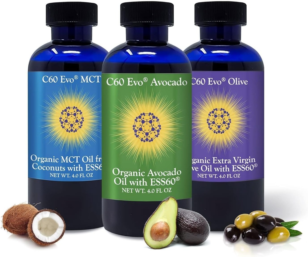 All-Natural Edible Oils, 4oz Sampler Set mit Pure C60 ESS60, Immununterstützung und Joint Support Supplement mit Olivenöl, Avocado Oil & MCT Coconut Oil, Set von 3, 4 Unzen
