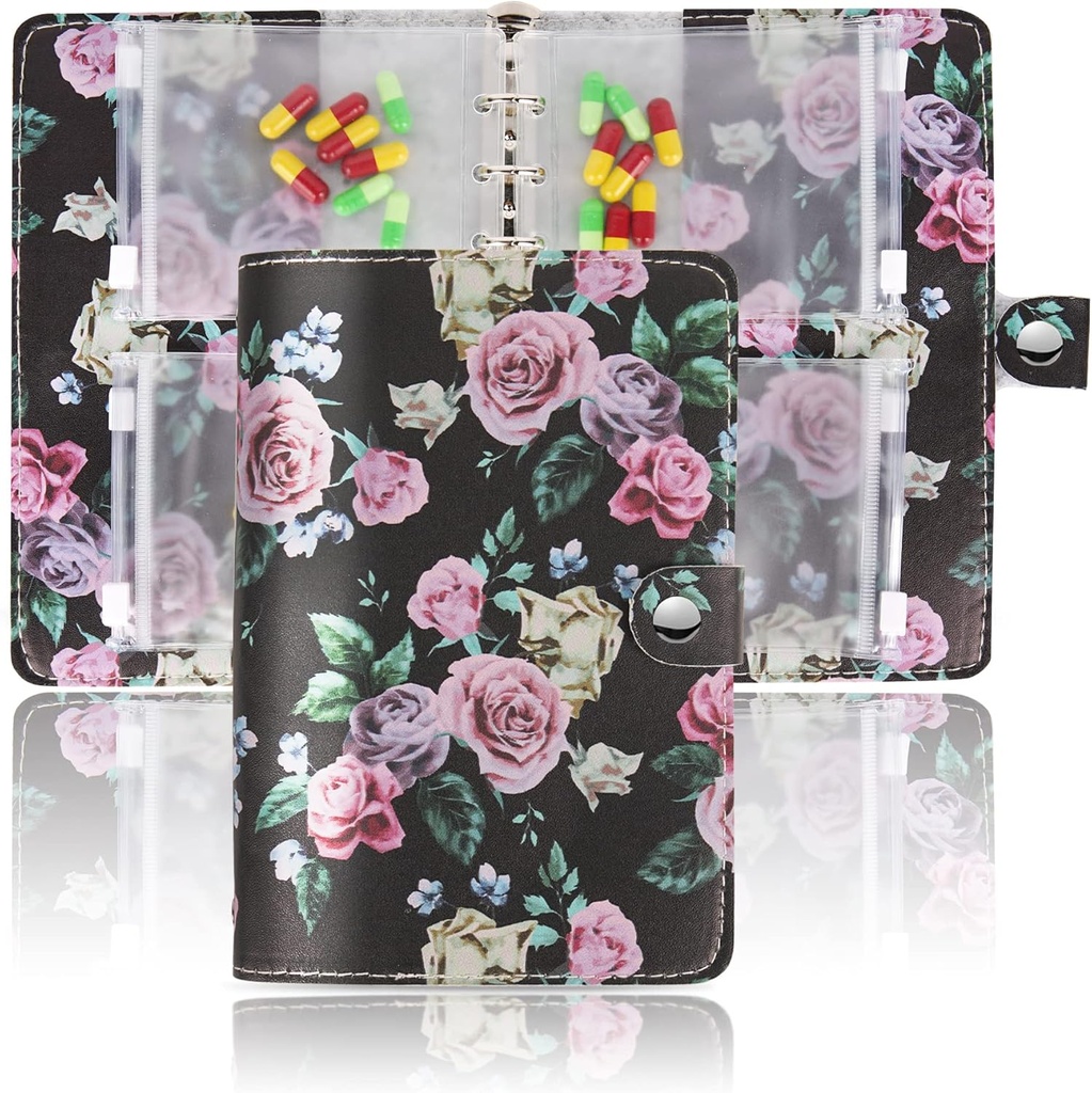 Hennaja Pill Organizer Buch,Pill Pouches Klare Plastik Pillen Taschen Selbstversiegelung Reisemedizin Organizer Aufbewahrung(1-schwarze Rose)
