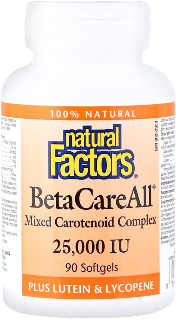 Natürliche Faktoren, BetaCareAll 25.000 IU, Vitamin A für gesunde Haut, Vision und Immunfunktion, 90 Softgels