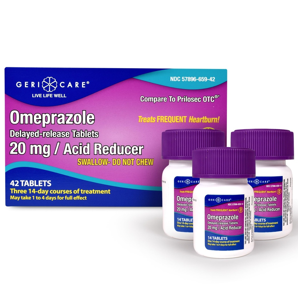 GeriCare Omeprazole Retard de libération Comprimés 20mg Réducteur d'acide stomach pilules pour 24 heures de soulagement des brûlures d'estomac- médicament de reflux acide pour traiter les brûlures d'estomac fréquentes- comprimés anti-acide de soulagement (42 Nombre)