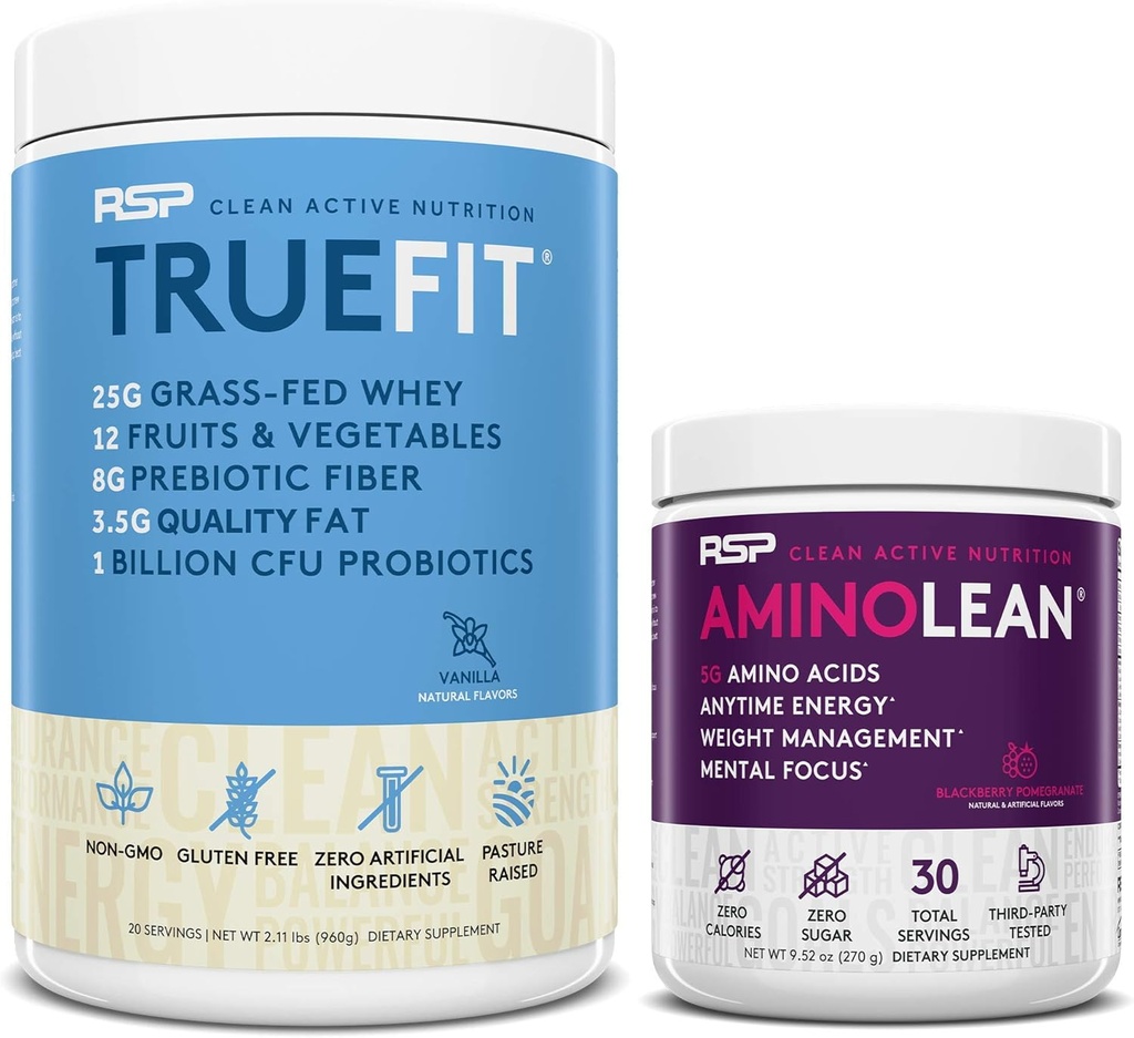 RSP NUTRITION AminoLean énergie de pré-entraînement (BlackBerry grenade 30 portions) avec la poudre de protéines TrueFit (Vanilla 2 LB)