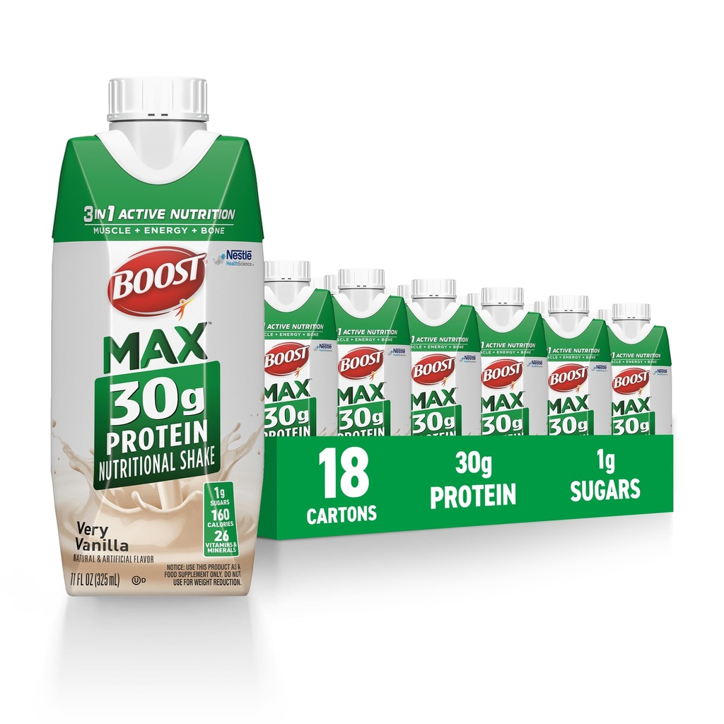 BOOST MAX Protein Shakes Ready to Drink - 30g High Protein Shake - Vanilla | Nutritional Drinks to Support Muskel Erholung nach Übung, 26 Vitamine & Minerals, 1g Zucker, 11 fl oz (Pack von 18)