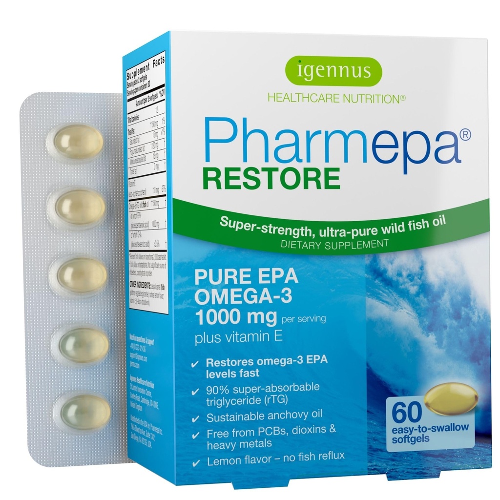 Igennus Pharmepa Restore, Pure EPA 1000mg, Omega 3 rTG Fischöl, IFOS Zertifiziert, hohe Absorption, 90% Konzentration Triple Strength, Wild & Sustainable, Lemon Flavor, 1-Monats-Versorgung, 60 Softgels