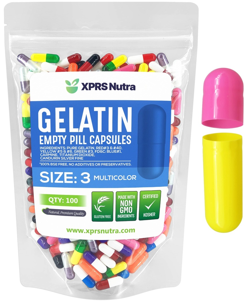 XPRS Nutra Größe 3 Leere Kapseln - 100 Count Leere Gelatine Kapseln - Pillen DIY Kapsel Füllung - Pure Bovine Pill Gel Kapseln für Do-It-Yourself Ergänzungen (Multi Color)