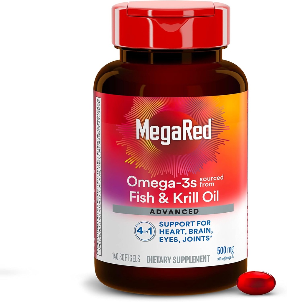 MegaRed Omega 3 Fischöl-Ergänzung + Krill Öl 500mg, Advanced 4in1 EPA & DHA Omega 3 Fatty Acid Softgels (140cnt Flasche), Phospholipide, unterstützt Brain Eye Joint & Heart Health