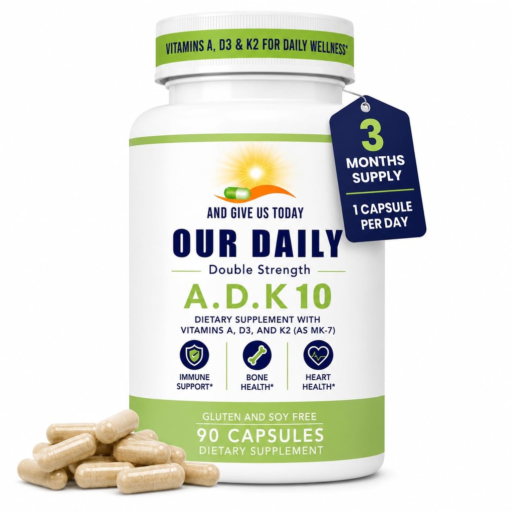 Unsere tägliche Vites ADK 10 Doppelstärke (10.000 iu) Vitamine A1, D3 & K2 (als MK7) - Physician Formuliertes Knochen- und Immunsystem-Supplement - Glutenfrei, Non-GMO - 90 Vegetarische Kapseln