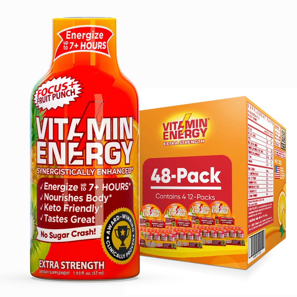 Vitamin Energy Focus+ Extra Strength Energy Shot Fruit Punch 48 Pack, 260mg Natürliche Koffein, B-Vitamine, CoQ10, Aminosäuren, Fokus, Produktivität & Clarity, Zero Sugar, Glutenfrei, 1,93 fl oz
