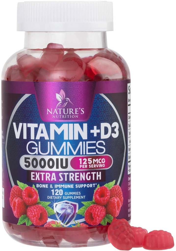 Vitamin D3 Supplement Gummy 5000 IU (125 mcg) Diät Vitamine D für Männer und Frauen - Knochen, Zähne, Muskel- und Immungesundheitsunterstützung, Hohe Potenz VIT D3 Nature's Non-GMO & Gluten Free - 120 Gummie