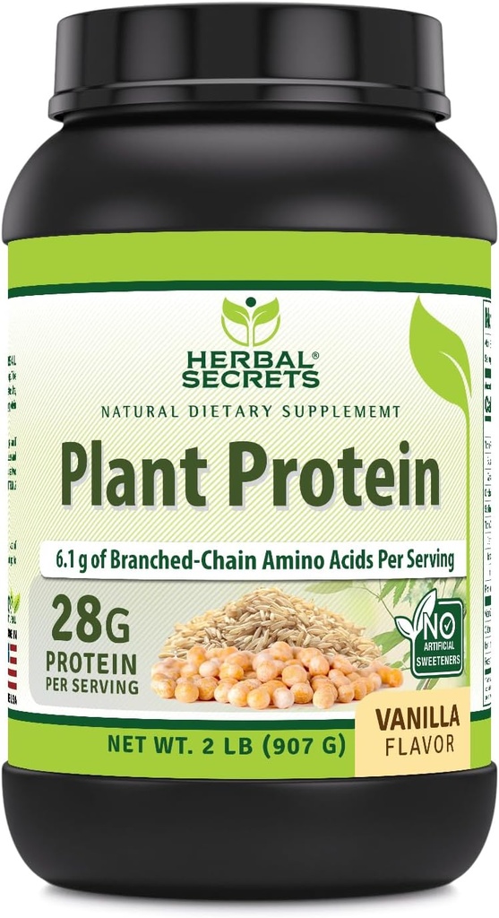 Kräutergeheimnisse Pflanzenprotein 2 Lb Pulver | 28 Gramm Protein pro Servieren | 6.1 Gramm BCAA | Vegan Ergänzung | 23 Servierungen | Made in USA (2 Lb, Vanille)