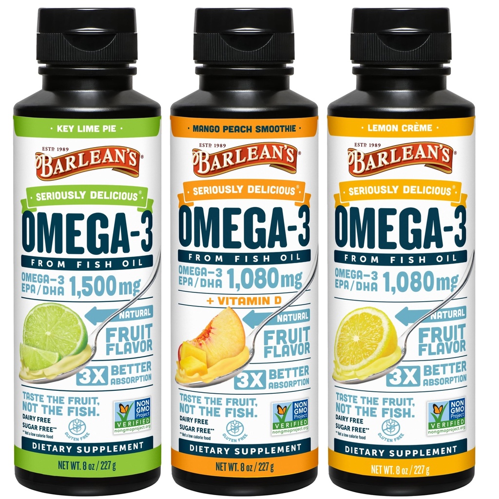 Barleans Omega 3 Fish Oil Liquid Supplement 3-Flavor Variety Pack für Männer und Frauen, EPA und DHA Fatty Acid, enthält Key Lime Pie, Zitronen Crème und Mango Peach Flavors, 8 oz