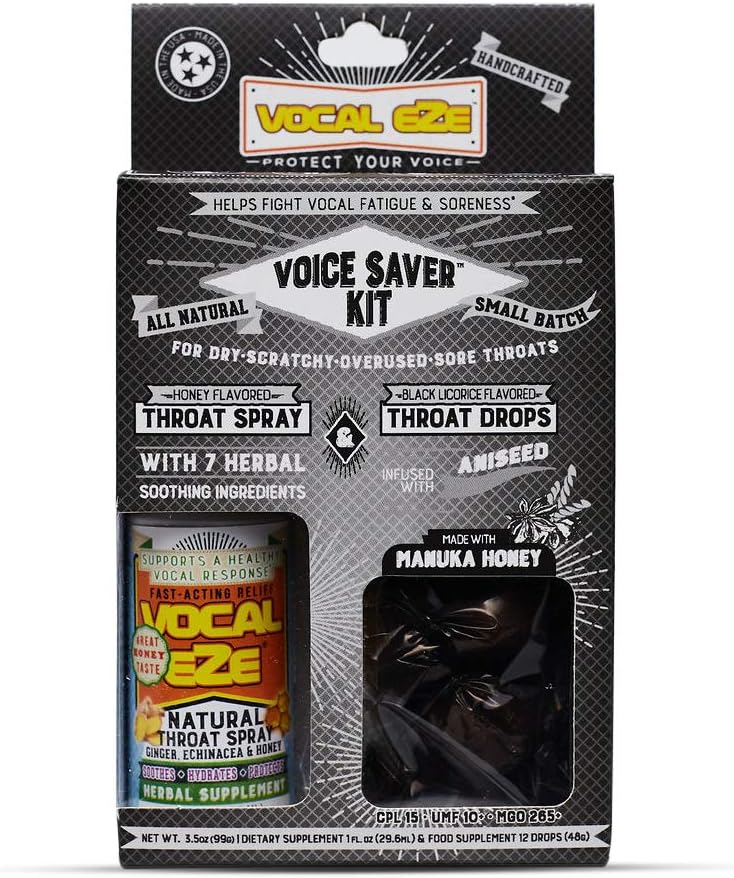Kit vocal Eze Voice Saver, comprend Vaporisateur de gorge à base de plantes végétales (1) et (12) Manuka Honey Drops.