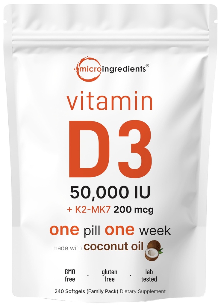 Micro Ingredients Vitamin D3 50.000 IU + K2 MK-7 200 mcg, 240 Softgels | Virgin Coconut Oil | 2-in-1 Knochen, Immun- & Herz-Unterstützung | Einfach zu schlucken, Non-GMO
