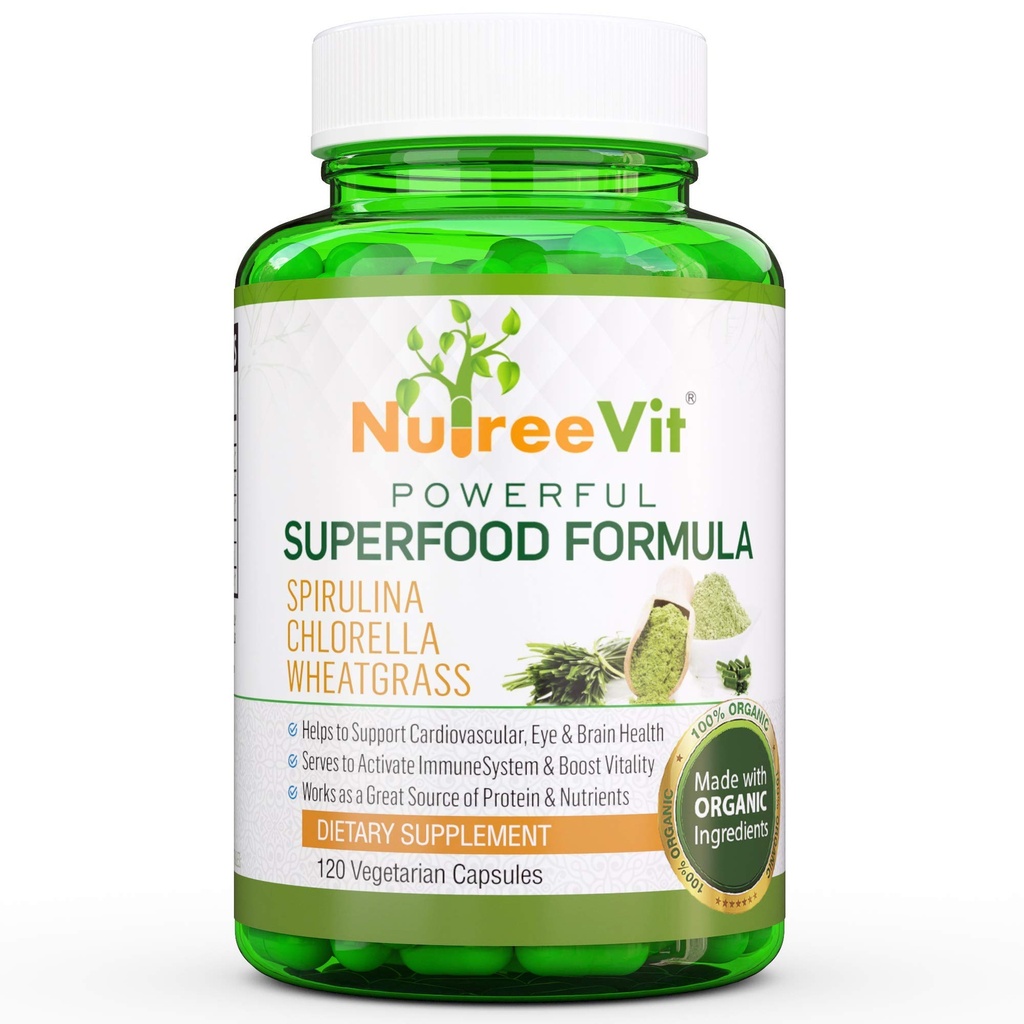 NutreeVit Pure 100 % Spiruline biologique + Chlorella + Blégrass - Energy Booster, Immune Support, puissant Superfood Antioxydant - Capsules de Véggie