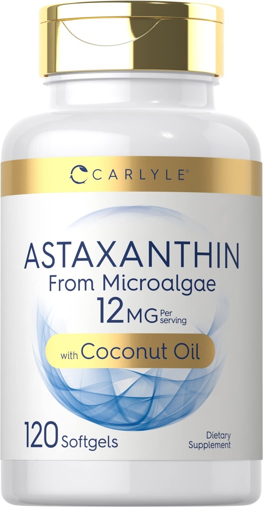 Carlyle Astaxanthine 12mg. 120 Softgels. Supplément de Microalgues avec de l'huile de coco.