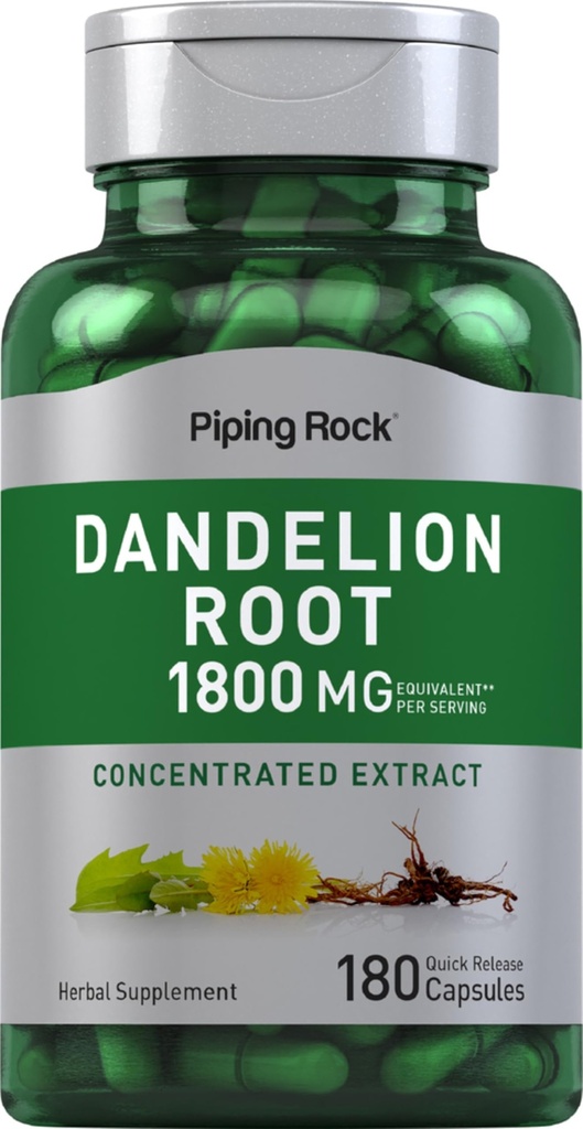 Piping Rock Dandelion Racines Capsules de 1800mg de 180 Nombre Supplément à base de plantes Extrait concentré sans gluten, non-OGM