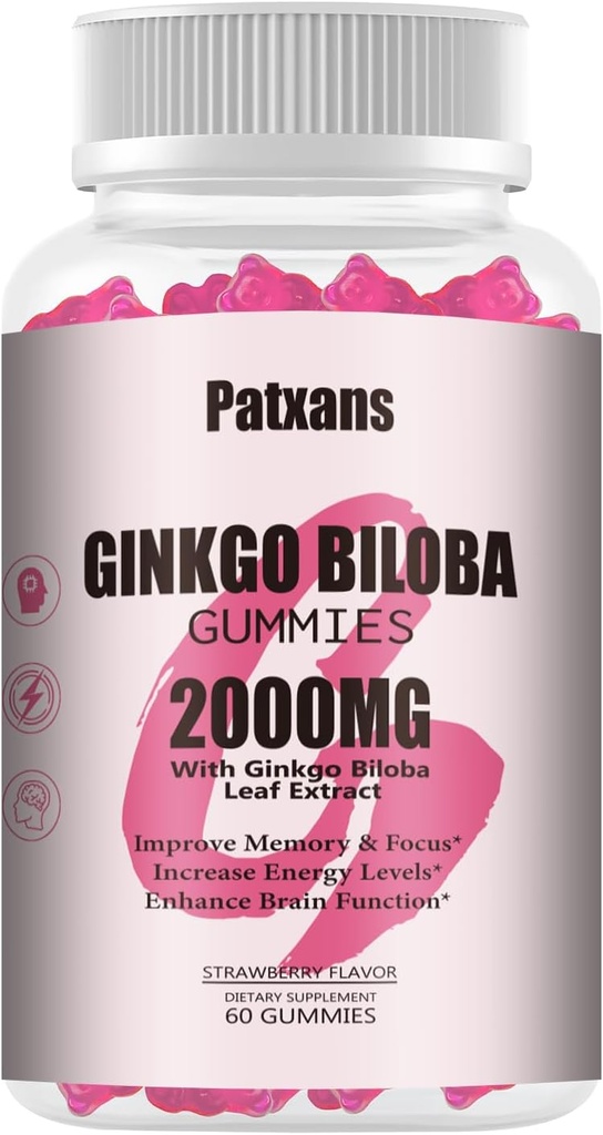 1 Pack 2000mg Ginkgo Biloba Gummies - Ginkgo Biloba Suppléments pour le soutien de la santé du cerveau, améliorer l'humeur et la concentration, l'énergie, les adultes, le goût de fraise, 60 comtes