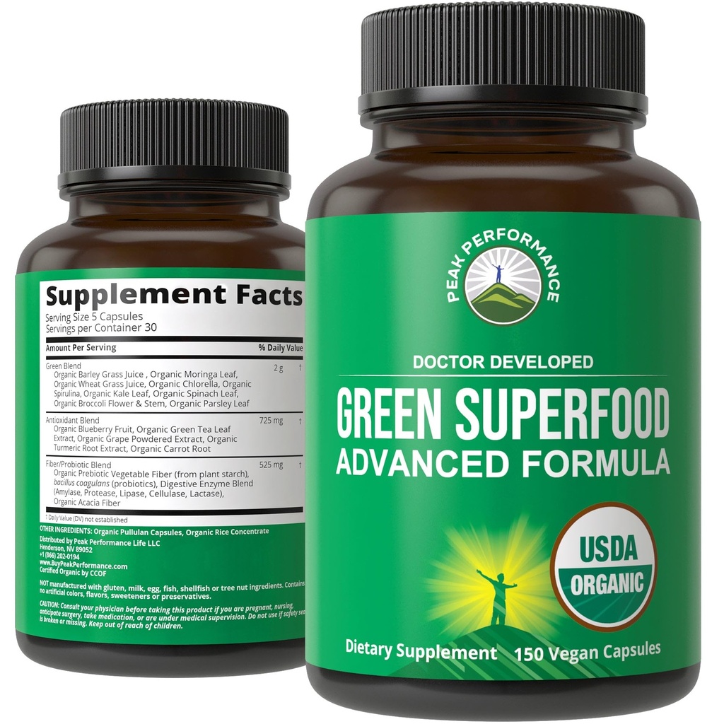 Bio Super Greens 150 Capsules - Supplément de jus vert avec 25 ingrédients biologiques naturels. Max Energy et Detox Super Food Pills avec Spiruline, Épinards, Kale, Turmeric, Probiotiques