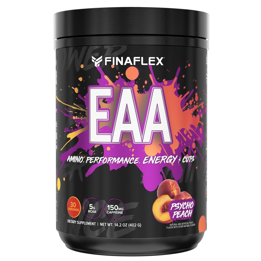 FINAFLEX EAA, Psycho Peach - 14.2 oz - Fördert Leistung, Energie & Schneiden - Mit BCAAs, L-Glutamin, L-Arginin, Acetyl-L-Carnitin & Koffein - 30 Servietten