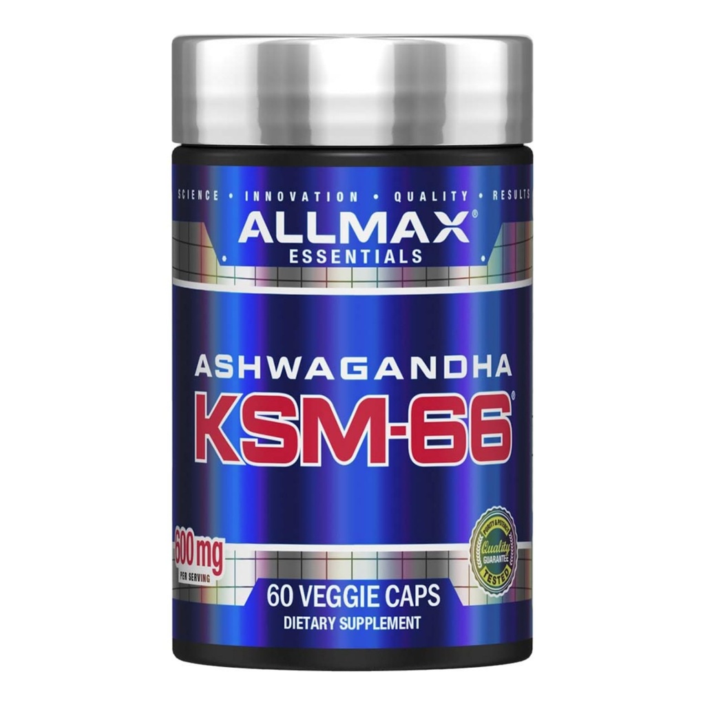 ALLMAX Essentials Ashwagandha KSM-66 (60 Veggie Caps) - Erhöhung der Muskelkraft und Erholung - Non-GMO, Glutenfrei - 30 Servietten